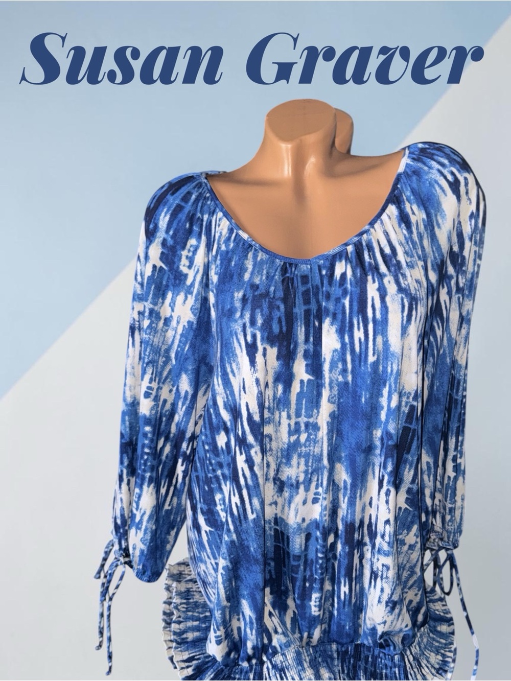 Susan Graver Blue & White Liquid Knit Scoop-Neck TunicTop Blouse l L